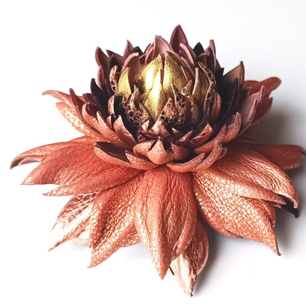 Exclusive Rose Gold Leather Dahlia flower brooch pin OR Bag Charm OR Hair Clip/Barrette Rosegold Dahlia| Ukrainian Handmade