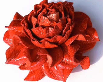 EXCLUSIVE Real Patent Terracotta Leather Flower Bag Charm 3.5" OR Patent Craquelure Coral Color Rose Brooch, Leather Anniversary Gift 4Her