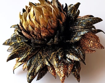 Exclusive Golden Black Metallic Craquelure Gold Leather Dahlia flower brooch pin OR Bag Charm OR Hair Clip| Handmade jewelry from Ukraine