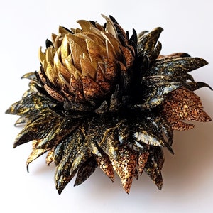 Exclusive Golden Black Metallic Craquelure Gold Leather Dahlia flower brooch pin OR Bag Charm OR Hair Clip| Handmade jewelry from Ukraine