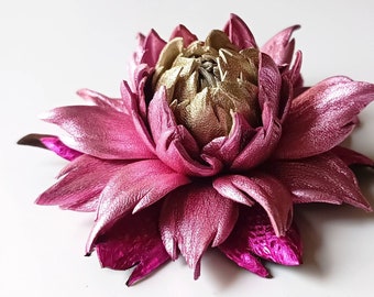 Exclusive Pink Metallic Leather Dahlia flower brooch pin OR Bag Charm OR Hair Clip/French Barrette| Handmade leather crafts from Ukraine