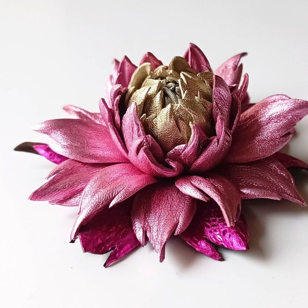 Exclusive Pink Metallic Leather Dahlia flower brooch pin OR Bag Charm OR Hair Clip/French Barrette| Handmade leather crafts from Ukraine