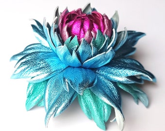 Exclusive Sky Blue Leather Dahlia flower brooch pin OR Bag Charm OR Mirror Sky Blue Hair Clip/Barrette Aquamarine Dahlia| Ukrainian Handmade