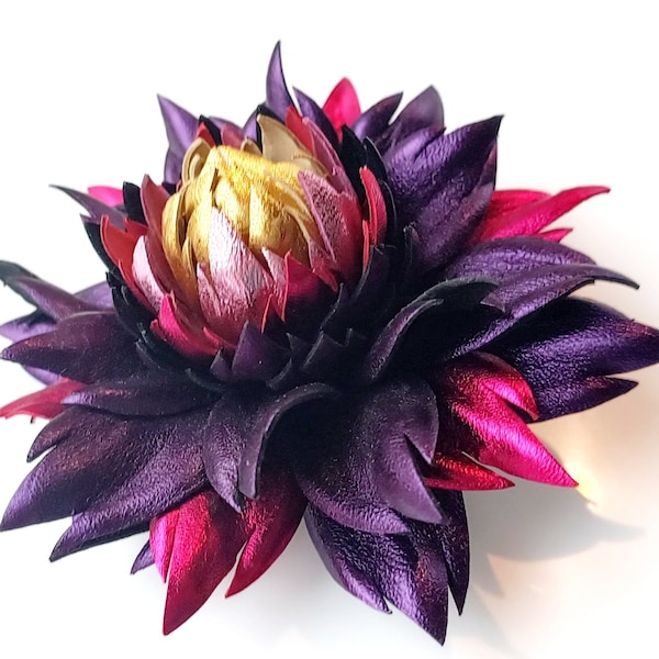 Exclusive Metallic Purple Violet Leather Dahlia flower brooch pin OR Bag Charm OR Hair Clip/Barrette  Dahlia| Ukrainian Handmade Jewelry