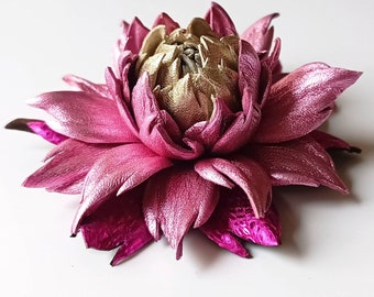 Real Metallic Light Pink Leather Dahlia flower brooch pin OR Bag Charm OR Hair Clip or French Barrette Genuine Leather Jewelry from Ukraine