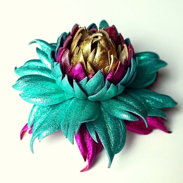 Exclusive Teal Multicolor Leather Dahlia flower brooch pin OR Bag Charm OR Blue-Green Hair Clip/Barrette Turquoise Dahlia|Ukrainian Handmade