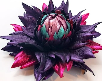 Exclusive Metallic Purple Violet Leather Dahlia flower brooch pin OR Bag Charm| Leather Flower Purse Charm | Leather Floral Jewelry, Ukraine