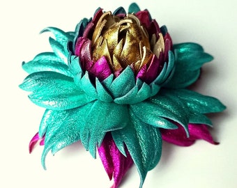 Exclusive Teal Multicolor Leather Dahlia flower brooch pin OR Bag Charm OR Blue-Green Hair Clip/Barrette Turquoise Dahlia|Ukrainian Handmade