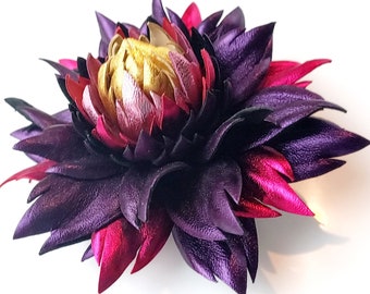 Exclusive Metallic Purple Violet Leather Dahlia flower brooch pin OR Bag Charm OR Hair Clip/Barrette  Dahlia| Ukrainian Handmade Jewelry