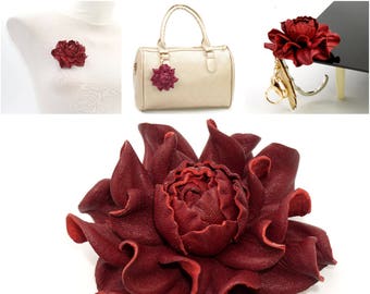 Leather Flowers  - Make Own Custom Gift  Deep Red Flower Bag Charm/Rose Brooch/Table Purse Folding Hanger Holder Tabletop Hook|Charm