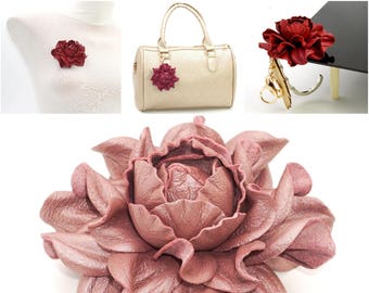 Leather Flower Roses  - Make Own Custom Gift  Old Dusty Rose Flower Bag Charm/Rose Brooch/Table Purse Folding Hanger Tabletop Hook & Charm