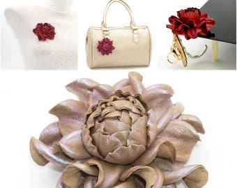 Leather Jewelry Rose  - Make Own Custom Gift  Beige Pearl Flower Bag Charm/Rose Brooch/Table Purse Folding Hanger Holder Table Hook & Charm