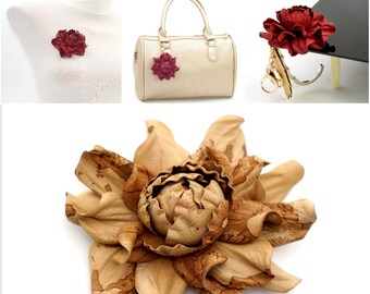 Leather Flower Rose  - Make Own Custom Gift  Bright Tan Flower Bag Charm/Rose Brooch/Table Purse Folding Hanger Holder Tabletop Hook Charm