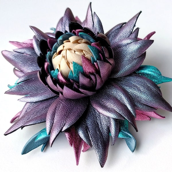 Exclusive Chameleon Silver Iridescent Leather Dahlia flower brooch pin OR Bag Charm OR Hair Clip/French Barrette| Handmade leather, Ukraine