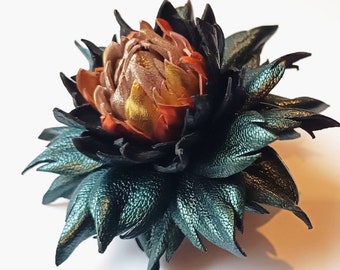 Exclusive Metallic Dark Green Leather Dahlia flower brooch pin OR Bag Charm OR Hair Clip/Barrette Malachite Green Dahlia| Ukrainian Handmade