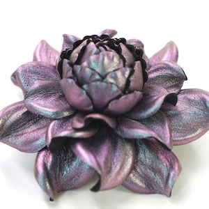 EXCLUSIVE Real iridescent Chameleon Leather Silver-Purple-Blue Flower Bag Charm 3.5", Argent Rose Brooch, Leather Anniversary Gift For Her