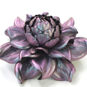 EXCLUSIVE Real iridescent Chameleon Leather Silver-Purple-Blue Flower Bag Charm 3.5&quot;, Argent Rose Brooch, Leather Anniversary Gift For Her