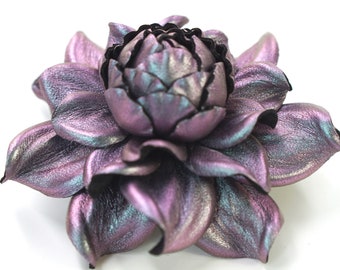 EXCLUSIVE Real iridescent Chameleon Leather Silver-Purple-Blue Flower Bag Charm 3.5", Argent Rose Brooch, Leather Anniversary Gift For Her