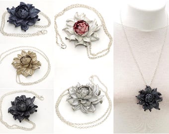 Rose chain necklace | Silver chain floral necklace w/ genuine LEATHER rose pendant, metallic leather flower  2", silver plated chain, 24"