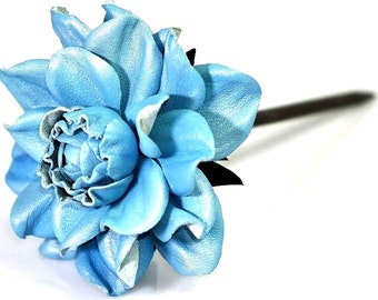 Statement wood floral hair stick, genuine leather sky blue rose & natural wooden hair fork, flower hairfork, handmade hair accessory jewelry