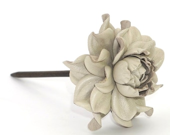 Leather flower wood hair stick, genuine leather beige ivory rose natural wooden hair fork, flower hairfork|Handmade hair accessory jewelry