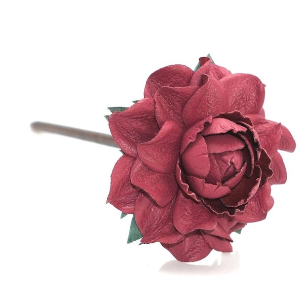 Flower hair stick, genuine leather purple flower & natural wood hair fork, flower hairfork, handmade rose hair piec accessory jewelry