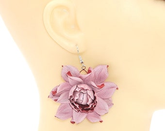 Genuine leather pearly pink rose earrings | Pink flower earrings 2", real leather big rose earrings, silver hardware, sterling silver hooks,