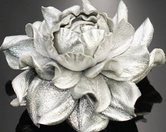 Silver Leather flower brooch pin OR Silver Leather Flower Bag Charm -  Genuine Leather Jewelry from Ukraine