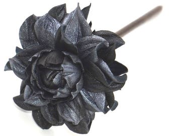 Genuine leather black + silver rose & natural wood stick fork 16cm, handmade floral hair jewelry, statement flower hair stick for long hair