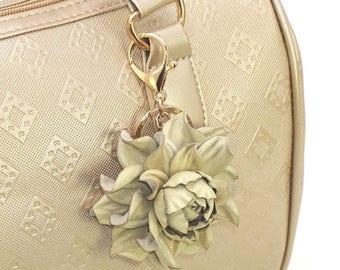 Bag Charm - Leather Flower Rose 3", Gilded Beige Rose Bag Clip, Real Leather Purse Charm, Flower Bag Clip, Keychain Handbag Zipper Charm