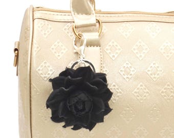 Bag Charm - Leather Flower Rose 3", Black Rose Bag Clip, Real Leather Purse Charm, Flower Bag Clip, Key chain Rose Clasp|Handbag Zipper Fob