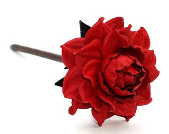 Flower hair stick, genuine leather & natural wood hair fork, hot RED rose leather flower, realistic roses, hair piece accessory  pin