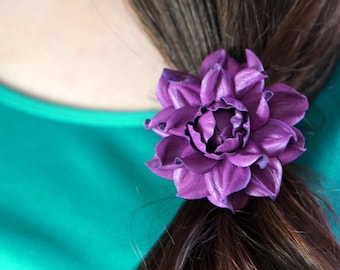 Elastic hair ties - Leather Rose, Purple violet leather flower hair elastic holder, orange rose, flower hair ponytail holder, hair scrunchie