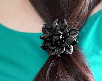 Black mourning flower on elastic hair ties, genuine black leather rose on rubber, Gothic ponytail holder rose, mourning black hair rose ties