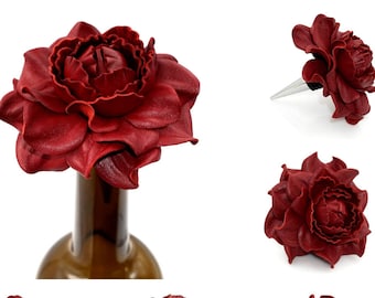 Best Gift Ever for Wine Lover! Flower Wine Bottle Stopper w/REAL Leather RED Rose, Designed Stopper, Wedding Favor, Metal Wine Cork Topper