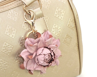 Bag Charm - Leather Flower Rose 3",  Pink Rose Purse Clip, Real Leather Rose Flower Bag Clip, Keychain Rose Clasp, Handbag Zipper Charm