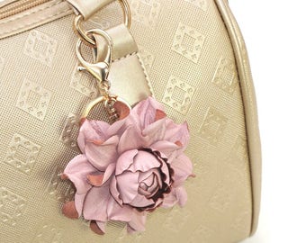 Bag Charm - Leather Flower Rose 3",  Pink Rose Purse Clip, Real Leather Rose Flower Bag Clip, Keychain Rose Clasp, Handbag Zipper Charm