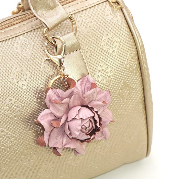 Bag Charm - Leather Flower Rose 3",  Pink Rose Purse Clip, Real Leather Rose Flower Bag Clip, Keychain Rose Clasp, Handbag Zipper Charm