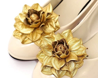 Gold LEATHER flower SHOE CLIPS|Metallic leather gold flower shoe decoration|Gold shoe jewelry|Golden rose clips|Metallic gold shoe clip ons