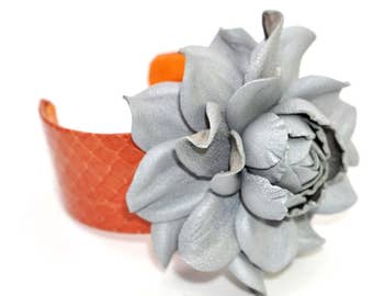 Gray leather flower open cuff bracelet, orange genuine leather snakeskin-covered open end cuff, open bangle, leather jewelry, leather flower