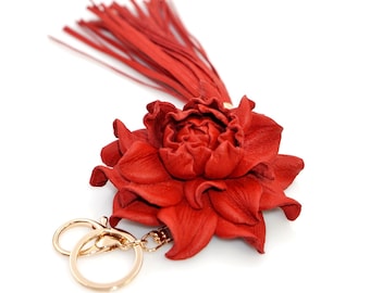 Handmade Leather Rose Keychain: Floral Tassel Purse Charm