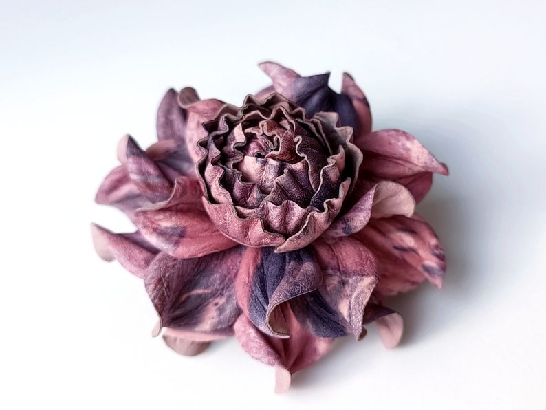 EXCLUSIVE Real Matte Pink Lilac Violet Leather Flower Bag Charm 3.5 OR Rose in Pinks and Purples Brooch, Leather Anniversary Gift For Her image 2