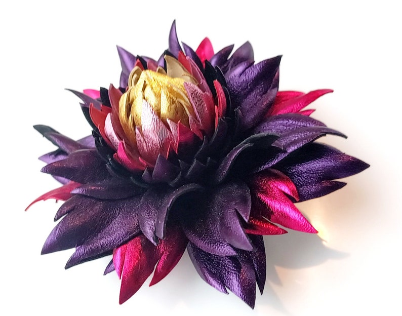 Exclusive Metallic Purple Violet Leather Dahlia flower brooch pin OR Bag Charm OR Hair Clip/Barrette Dahlia Ukrainian Handmade Jewelry image 1