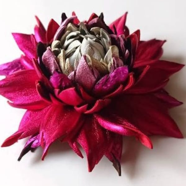 Real Metallic Hot Red/Pink Leather Raspberry Dahlia flower brooch pin OR Bag Charm OR Hair Clip Barrette |Genuine Leather Jewelry of Ukraine