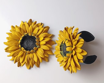 Big Leather Sunflower Jewelry Set: Big Genuine Yellow Leather Sun Flower Brooch (or Bag Charm) & Sunflower Open-end Cuff Leather Bracelet