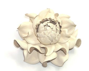 Handmade Leather Rose Brooch: Cream Flower Bag Charm & Table Hook