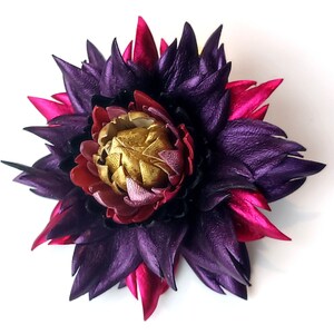 Exclusive Metallic Purple Violet Leather Dahlia flower brooch pin OR Bag Charm OR Hair Clip/Barrette Dahlia Ukrainian Handmade Jewelry image 4