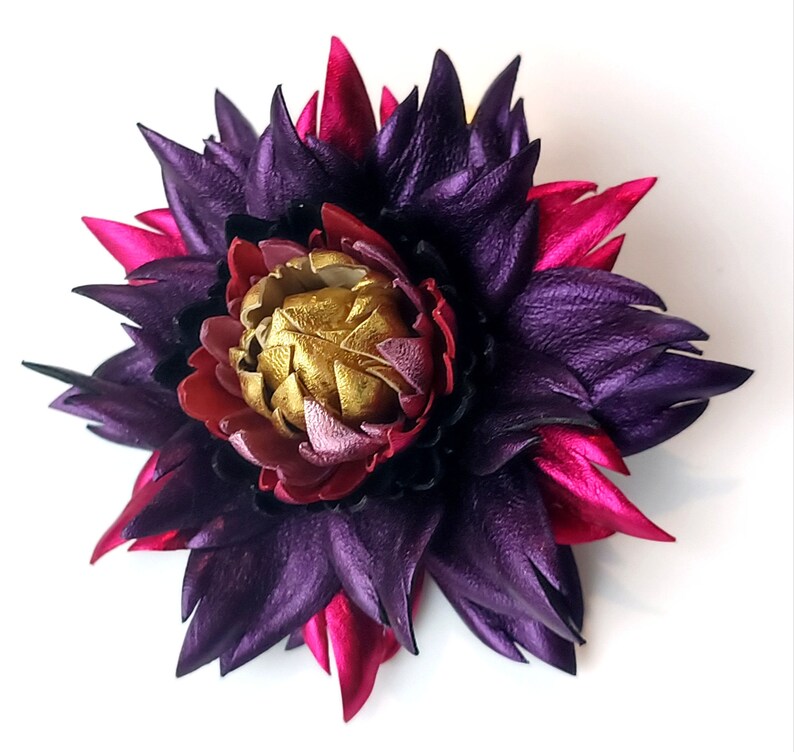 Exclusive Metallic Purple Violet Leather Dahlia flower brooch pin OR Bag Charm OR Hair Clip/Barrette Dahlia Ukrainian Handmade Jewelry image 4