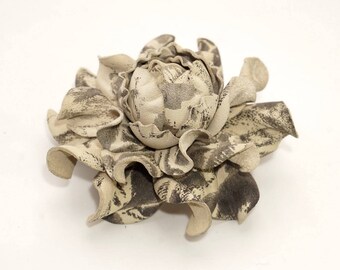 Handmade Leather Flower Brooch: Gray & Beige Rose Bag Charm