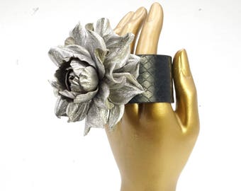 Metallic Silver Leather Flower Cuff Bracelet: Adjustable Black Leather Rose